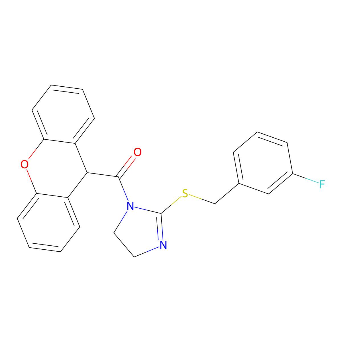 (2-((3-fluorobenzyl)thio)-4,5-dihydro-1H-imidazol-1-yl)(9H-xanthen-9-yl)methanone molecular structure, CAS 851865-47-9