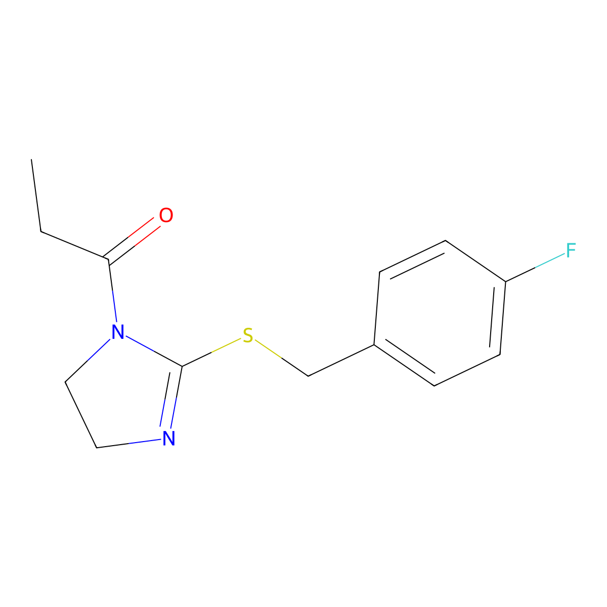 1-[2-[(4-Fluorophenyl)methylsulfanyl]-4,5-dihydroimidazol-1-yl]propan-1-one molecular structure, CAS 851865-48-0