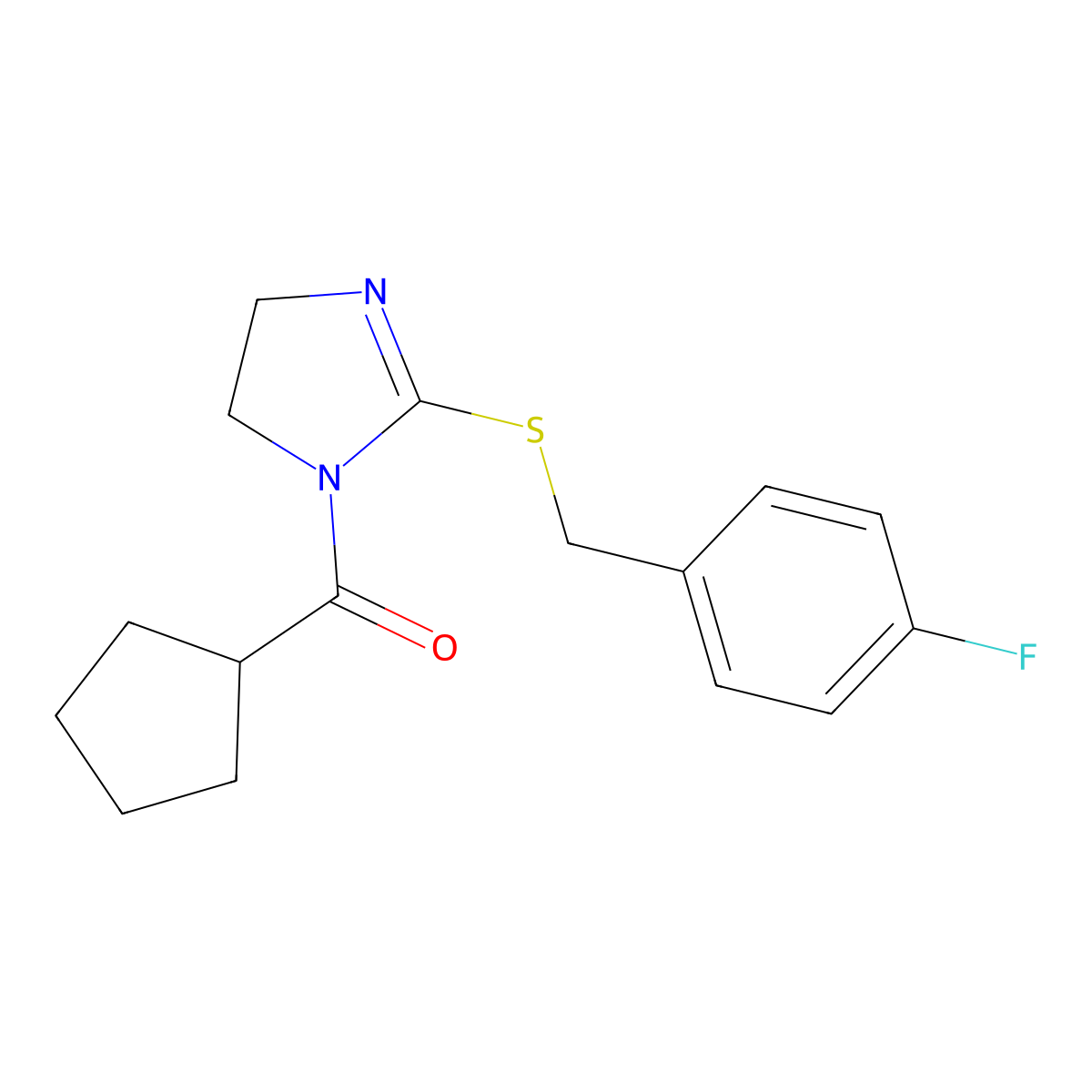 Cyclopentyl-[2-[(4-fluorophenyl)methylsulfanyl]-4,5-dihydroimidazol-1-yl]methanone molecular structure, CAS 851865-50-4