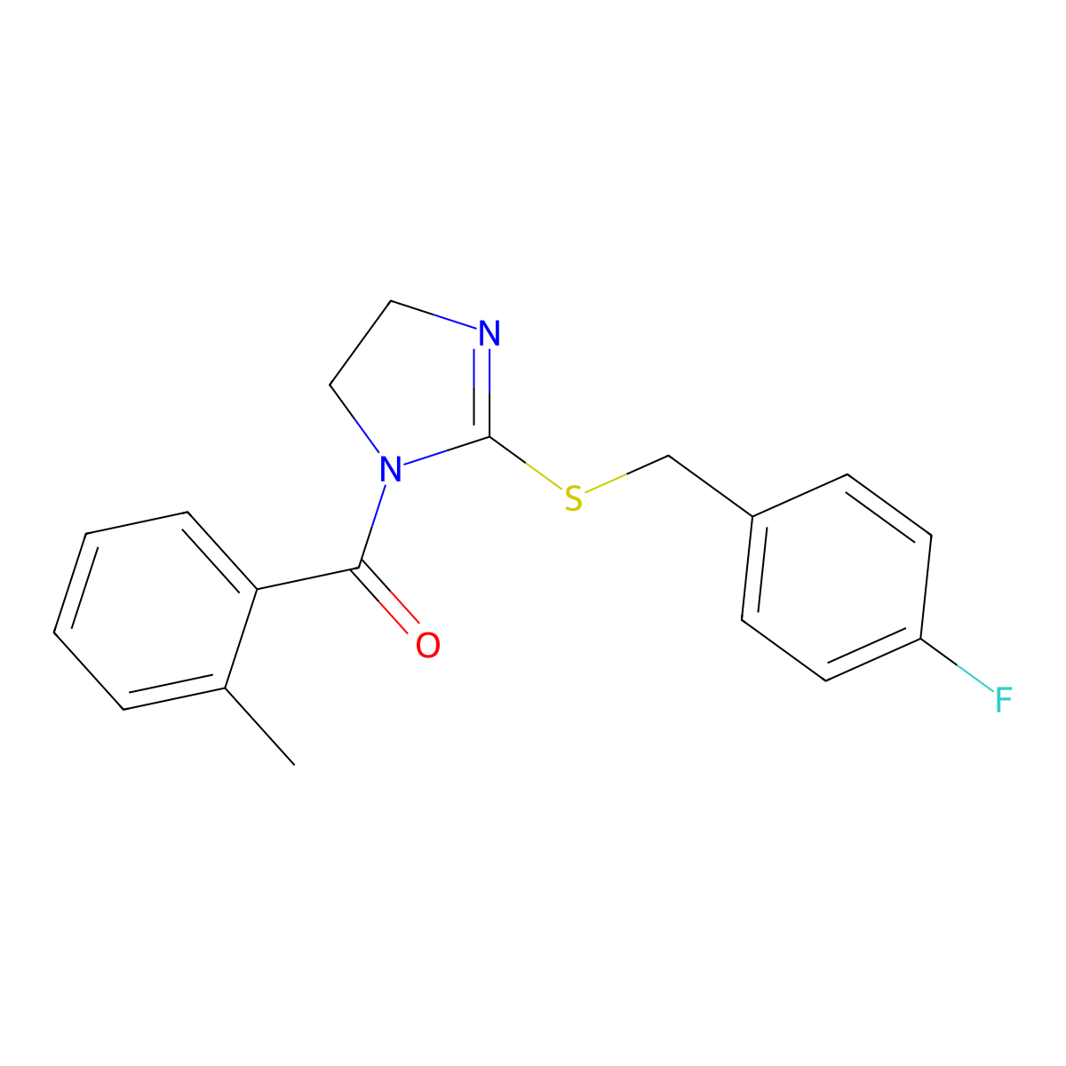 (2-((4-fluorobenzyl)thio)-4,5-dihydro-1H-imidazol-1-yl)(o-tolyl)methanone molecular structure, CAS 851865-54-8