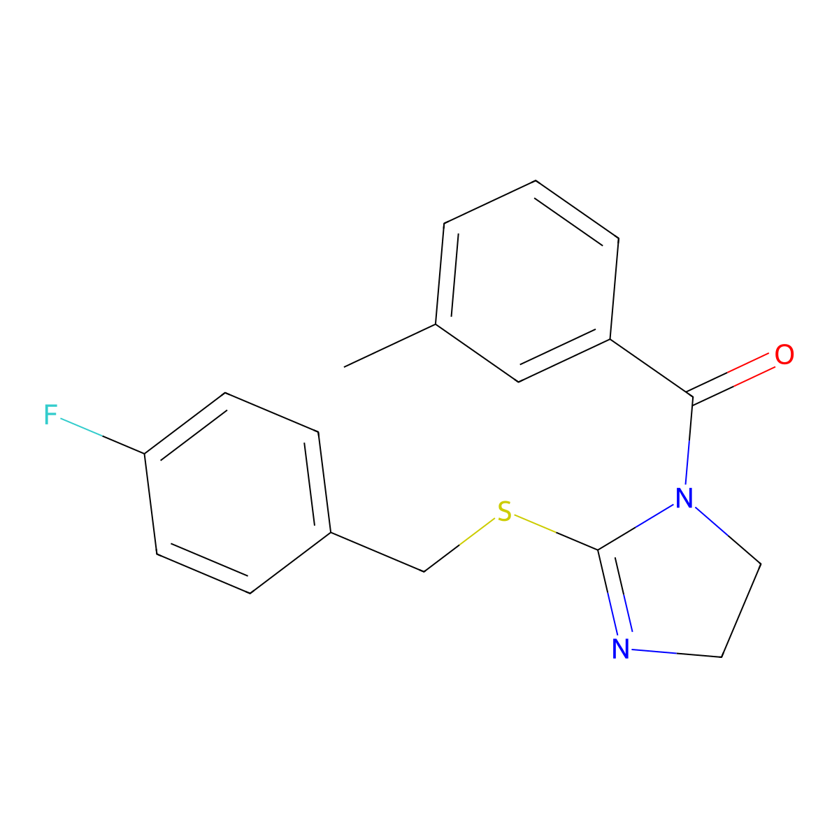 (2-((4-fluorobenzyl)thio)-4,5-dihydro-1H-imidazol-1-yl)(m-tolyl)methanone molecular structure, CAS 851865-55-9