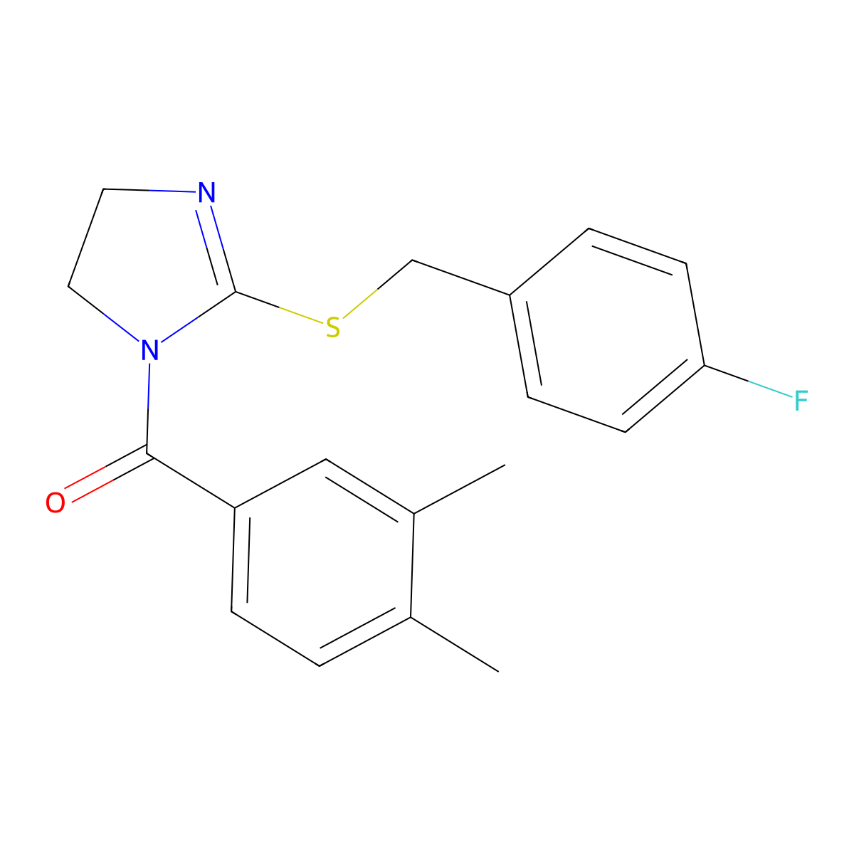 (3,4-dimethylphenyl)(2-((4-fluorobenzyl)thio)-4,5-dihydro-1H-imidazol-1-yl)methanone molecular structure, CAS 851865-58-2