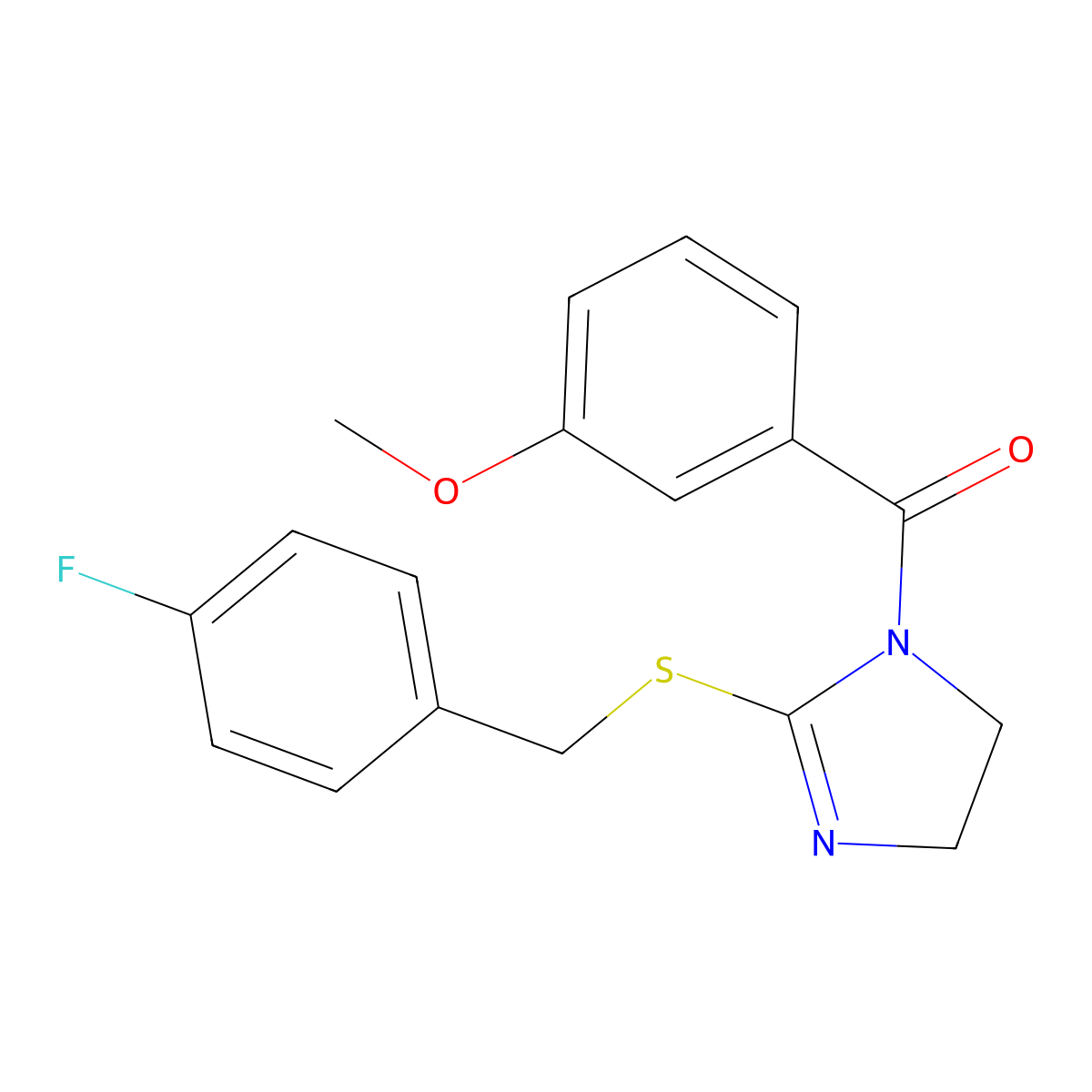 (2-((4-fluorobenzyl)thio)-4,5-dihydro-1H-imidazol-1-yl)(3-methoxyphenyl)methanone molecular structure, CAS 851865-60-6
