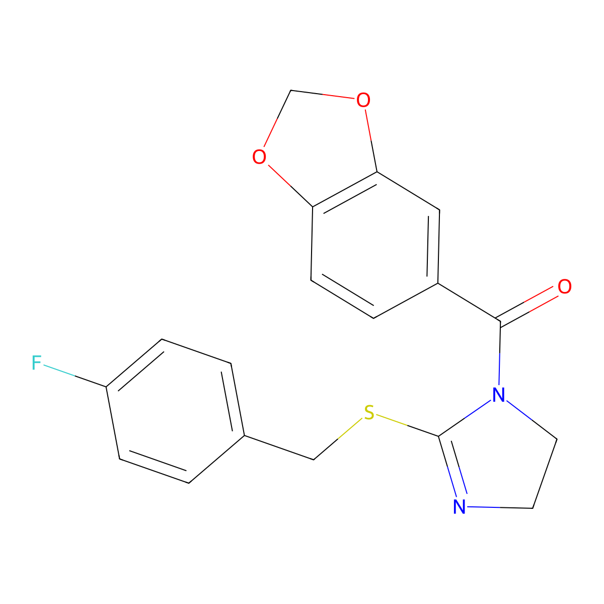 1,3-Benzodioxol-5-yl-[2-[(4-fluorophenyl)methylsulfanyl]-4,5-dihydroimidazol-1-yl]methanone molecular structure, CAS 851865-71-9