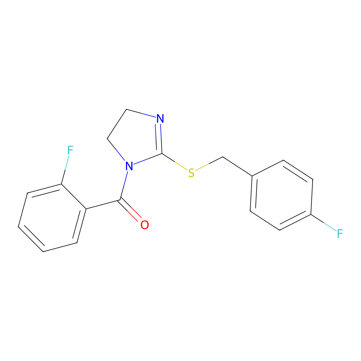 (2-((4-fluorobenzyl)thio)-4,5-dihydro-1H-imidazol-1-yl)(2-fluorophenyl)methanone molecular structure, CAS 851865-77-5