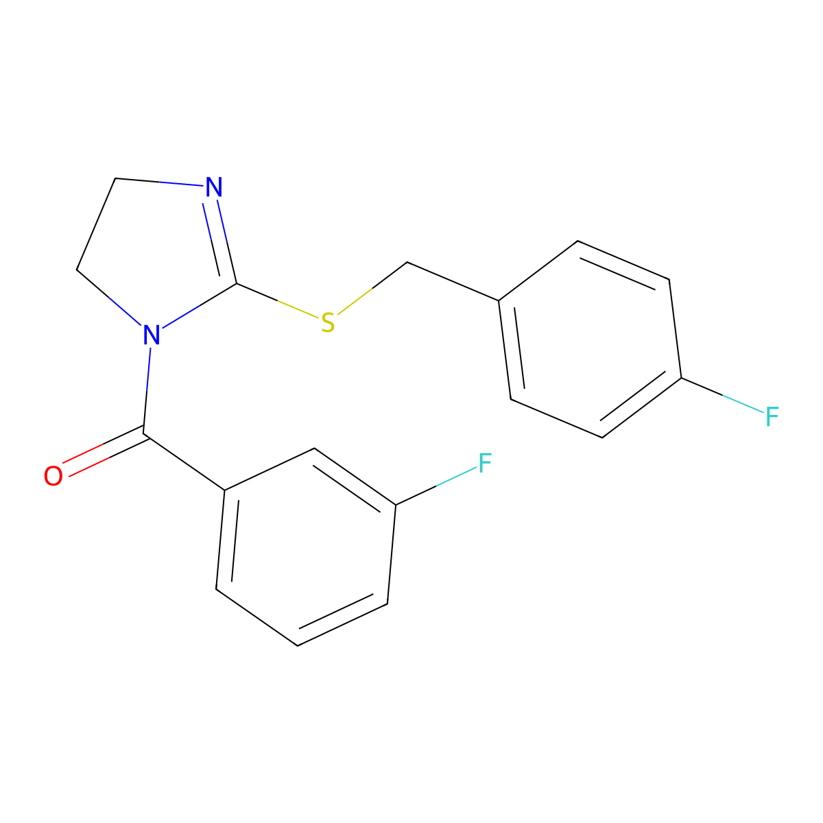 (2-((4-fluorobenzyl)thio)-4,5-dihydro-1H-imidazol-1-yl)(3-fluorophenyl)methanone molecular structure, CAS 851865-78-6