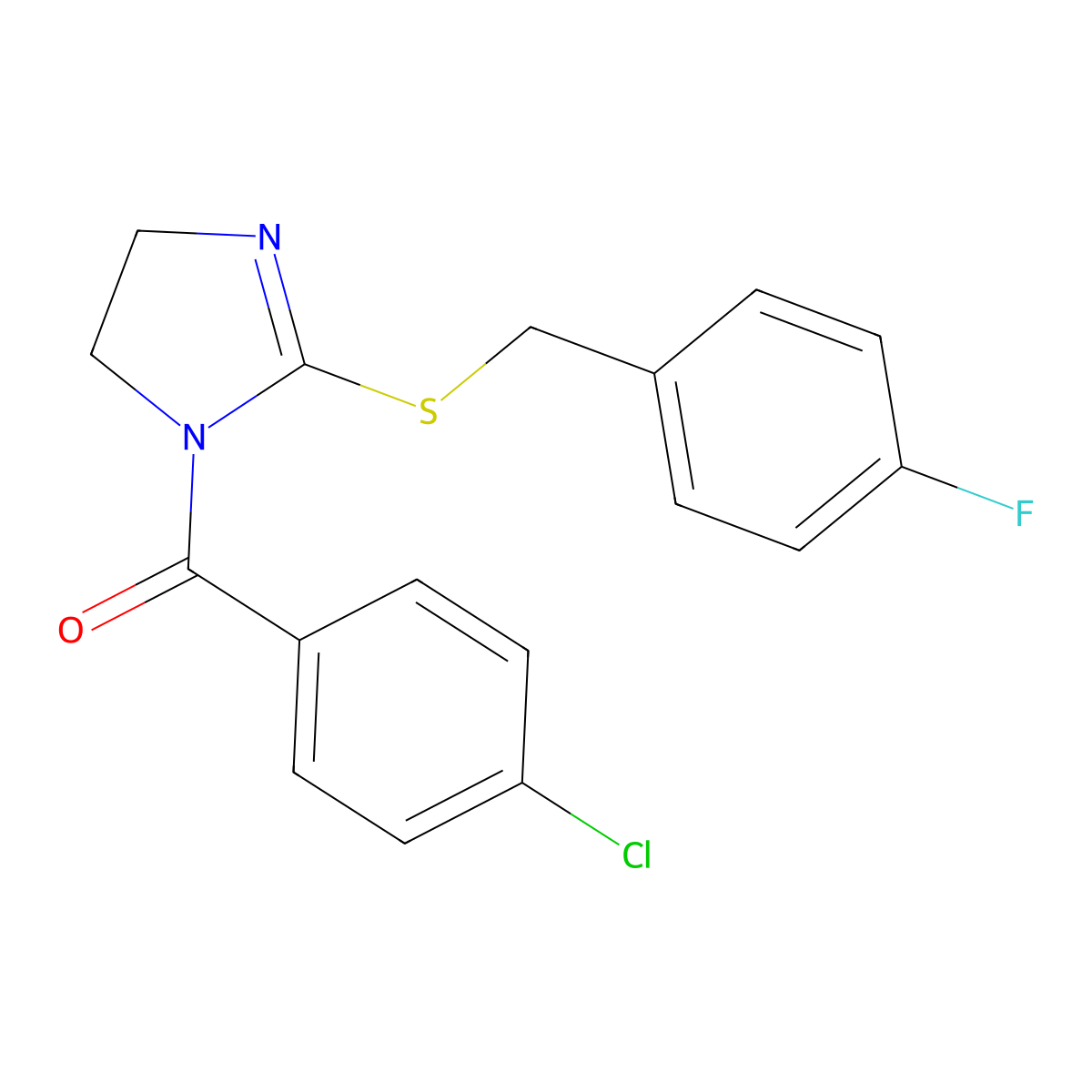 (4-Chlorophenyl)-[2-[(4-fluorophenyl)methylsulfanyl]-4,5-dihydroimidazol-1-yl]methanone molecular structure, CAS 851865-83-3