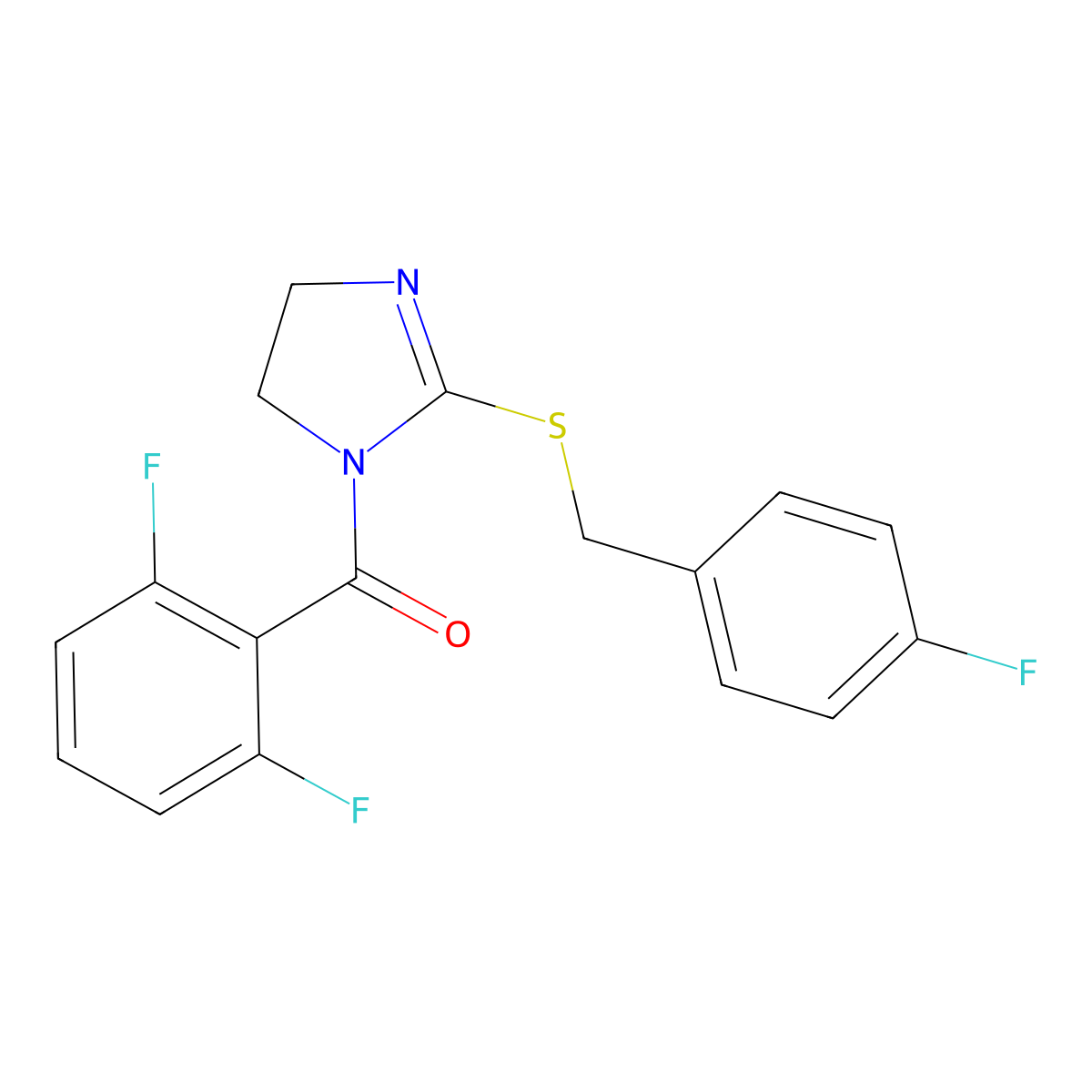 (2,6-difluorophenyl)(2-((4-fluorobenzyl)thio)-4,5-dihydro-1H-imidazol-1-yl)methanone molecular structure, CAS 851865-88-8