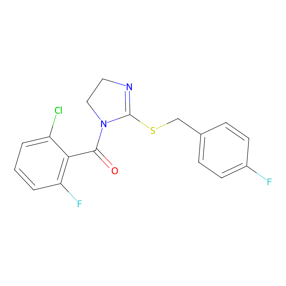 (2-chloro-6-fluorophenyl)(2-((4-fluorobenzyl)thio)-4,5-dihydro-1H-imidazol-1-yl)methanone molecular structure, CAS 851865-90-2