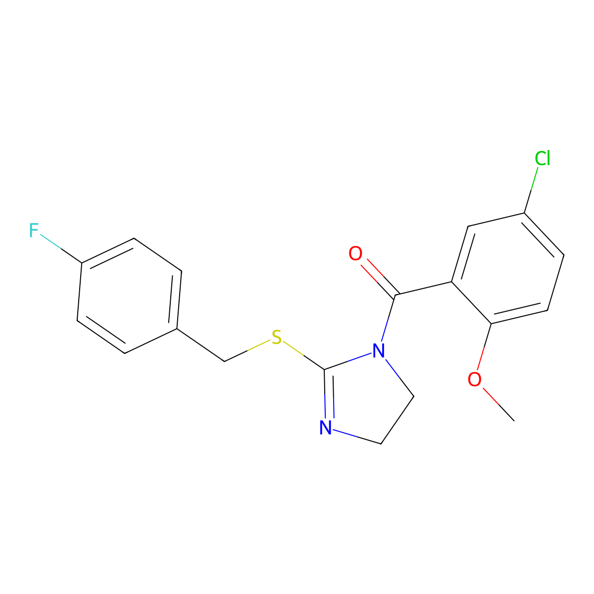 (5-chloro-2-methoxyphenyl)(2-((4-fluorobenzyl)thio)-4,5-dihydro-1H-imidazol-1-yl)methanone molecular structure, CAS 851865-91-3