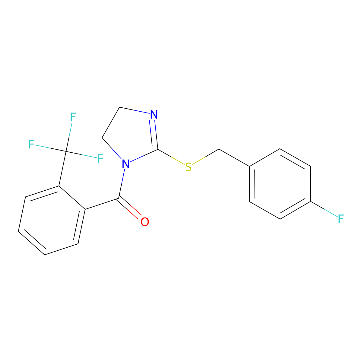 (2-((4-fluorobenzyl)thio)-4,5-dihydro-1H-imidazol-1-yl)(2-(trifluoromethyl)phenyl)methanone molecular structure, CAS 851865-96-8