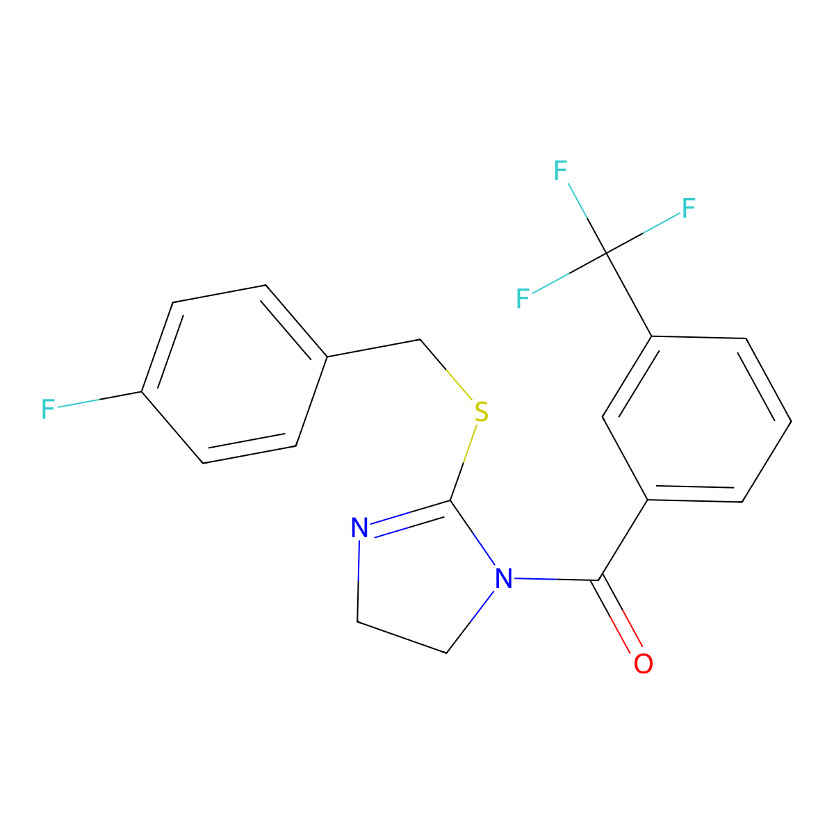(2-((4-fluorobenzyl)thio)-4,5-dihydro-1H-imidazol-1-yl)(3-(trifluoromethyl)phenyl)methanone molecular structure, CAS 851865-97-9