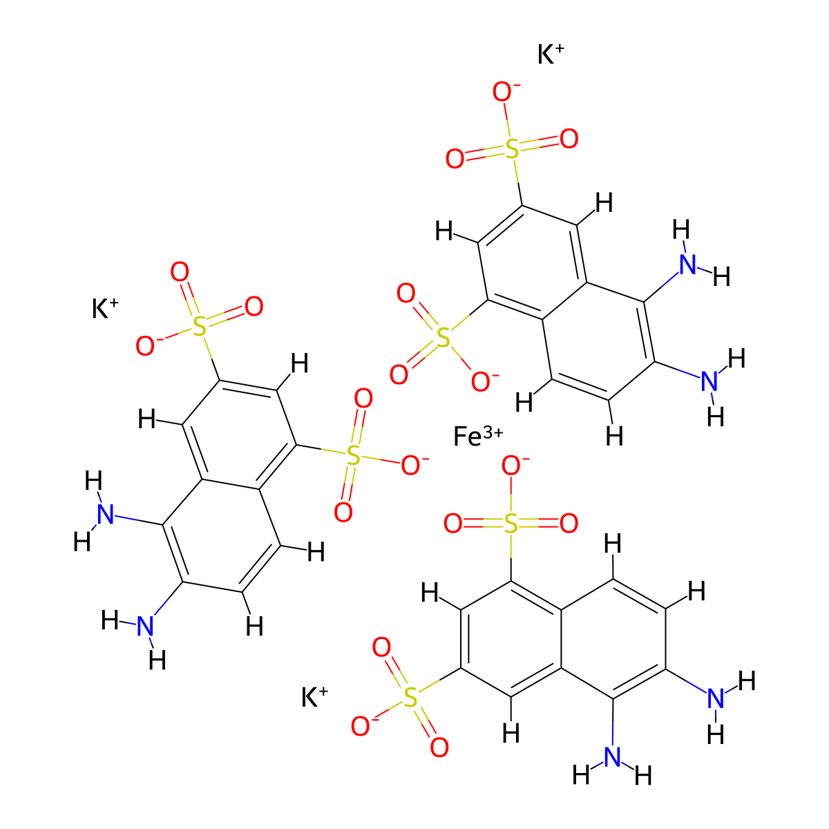 Ferrate(3-), tris(5,6-di(amino-kappaN)-1,3-naphthalenedisulfonato(2-))-, potassium (1:3) molecular structure, CAS 85187-44-6