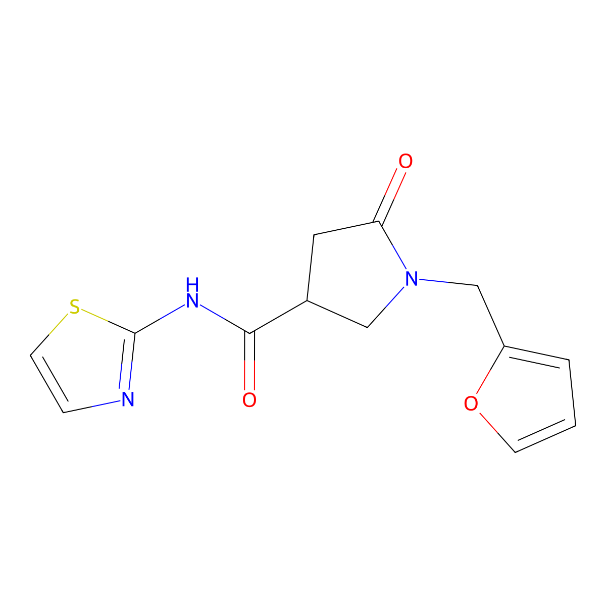 1-(furan-2-ylmethyl)-5-oxo-N-(1,3-thiazol-2-yl)pyrrolidine-3-carboxamide molecular structure, CAS 851871-88-0