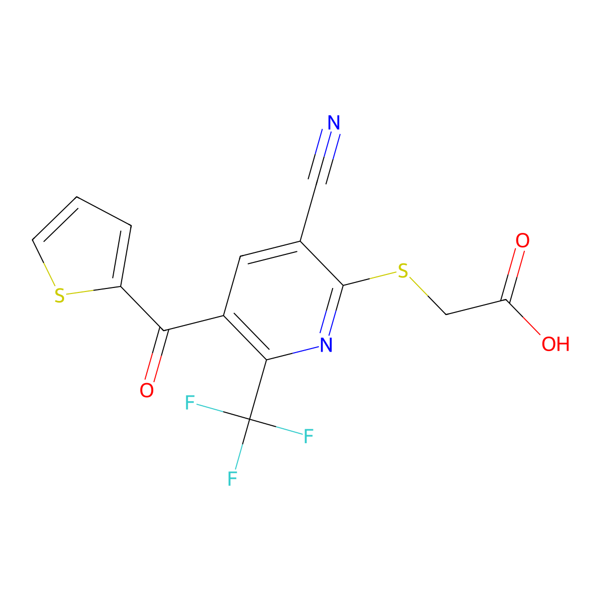2-[3-cyano-5-(thiophene-2-carbonyl)-6-(trifluoromethyl)pyridin-2-yl]sulfanylacetic Acid molecular structure, CAS 851879-11-3