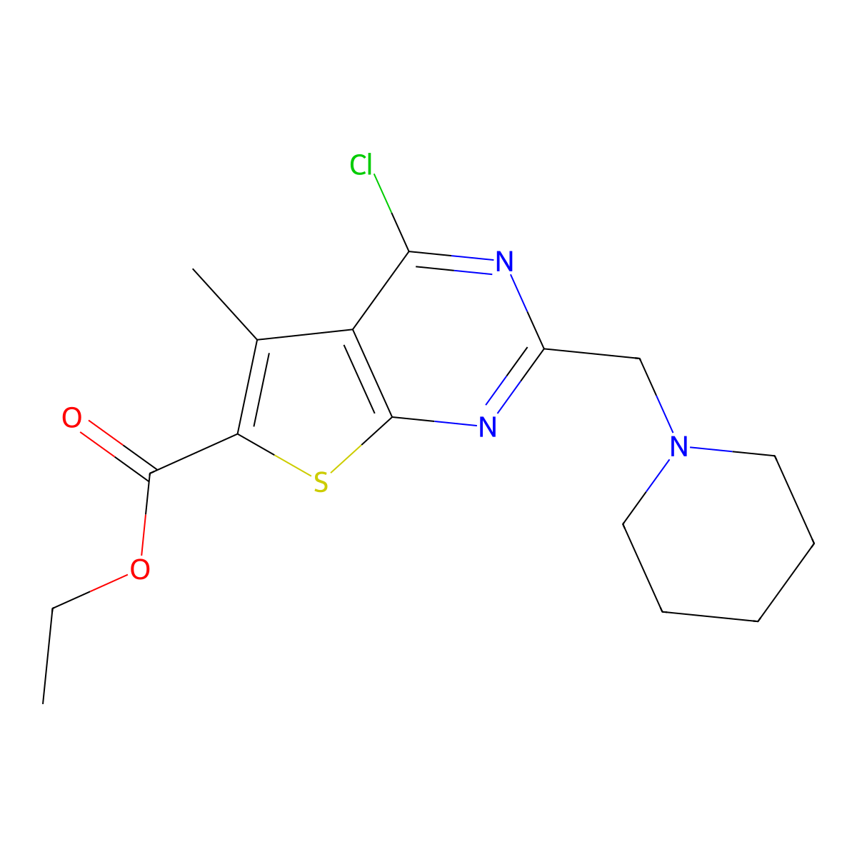 Ethyl 4-chloro-5-methyl-2-(piperidin-1-ylmethyl)thieno[2,3-d]pyrimidine-6-carboxylate molecular structure, CAS 851879-24-8