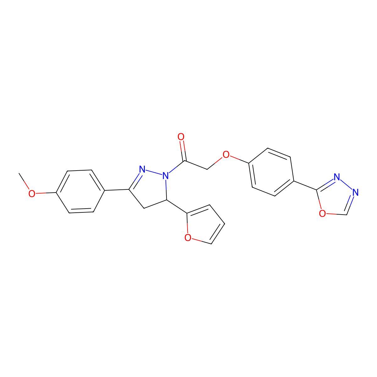 1-[5-(furan-2-yl)-3-(4-methoxyphenyl)-4,5-dihydro-1H-pyrazol-1-yl]-2-[4-(1,3,4-oxadiazol-2-yl)phenoxy]ethan-1-one molecular structure, CAS 851911-08-5