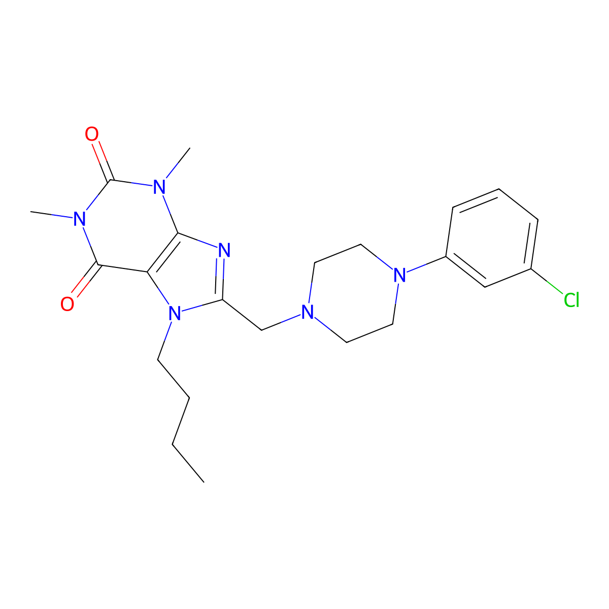 7-Butyl-8-[[4-(3-chlorophenyl)-1-piperazinyl]methyl]-1,3-dimethylpurine-2,6-dione molecular structure, CAS 851937-66-1