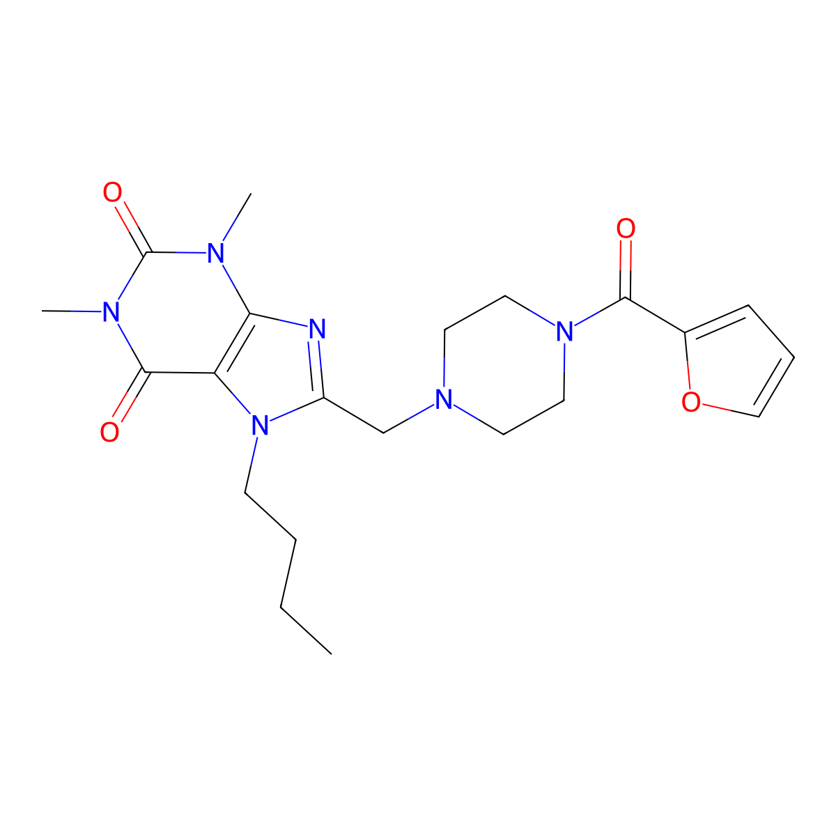 7-butyl-8-((4-(furan-2-carbonyl)piperazin-1-yl)methyl)-1,3-dimethyl-1H-purine-2,6(3H,7H)-dione molecular structure, CAS 851937-71-8