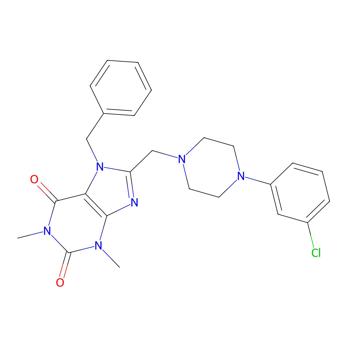 7-Benzyl-8-[[4-(3-chlorophenyl)piperazin-1-yl]methyl]-1,3-dimethylpurine-2,6-dione molecular structure, CAS 851937-79-6