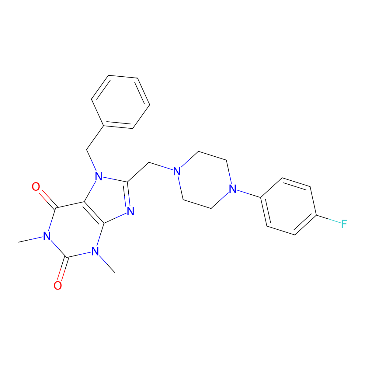 7-Benzyl-8-[[4-(4-fluorophenyl)piperazin-1-yl]methyl]-1,3-dimethylpurine-2,6-dione molecular structure, CAS 851937-83-2