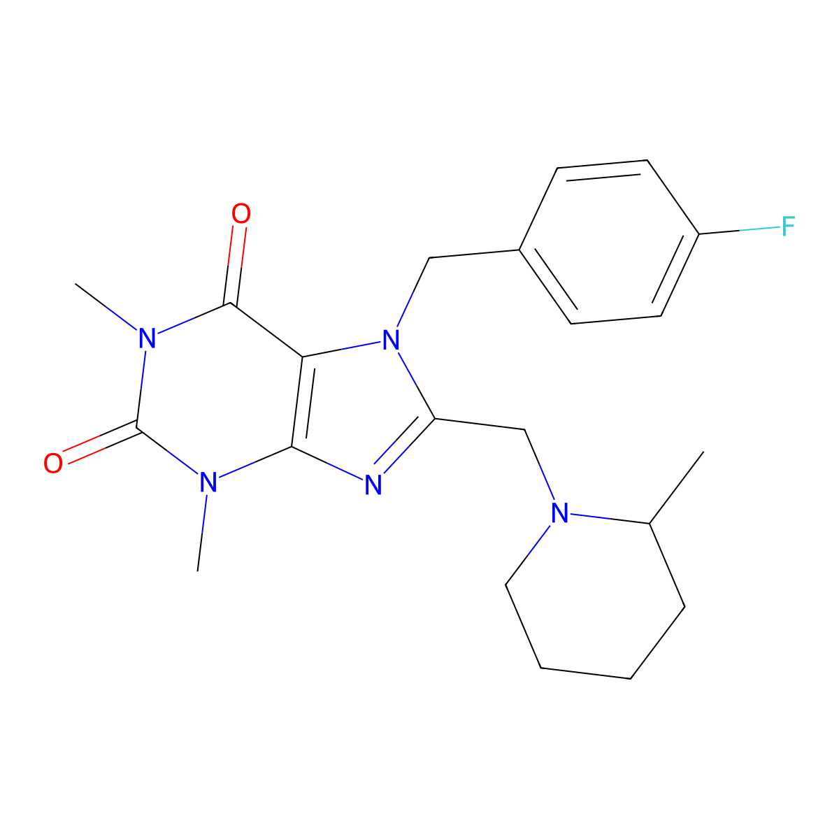 7-(4-fluorobenzyl)-1,3-dimethyl-8-[(2-methylpiperidin-1-yl)methyl]-3,7-dihydro-1H-purine-2,6-dione molecular structure, CAS 851937-88-7