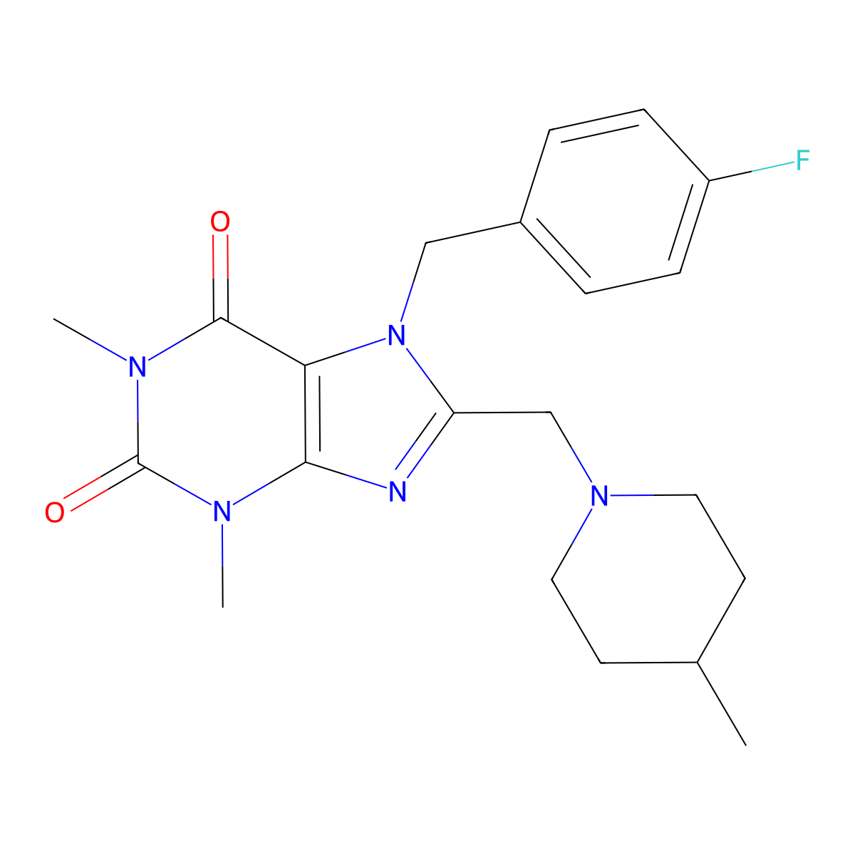 7-(4-fluorobenzyl)-1,3-dimethyl-8-[(4-methylpiperidin-1-yl)methyl]-3,7-dihydro-1H-purine-2,6-dione molecular structure, CAS 851937-90-1