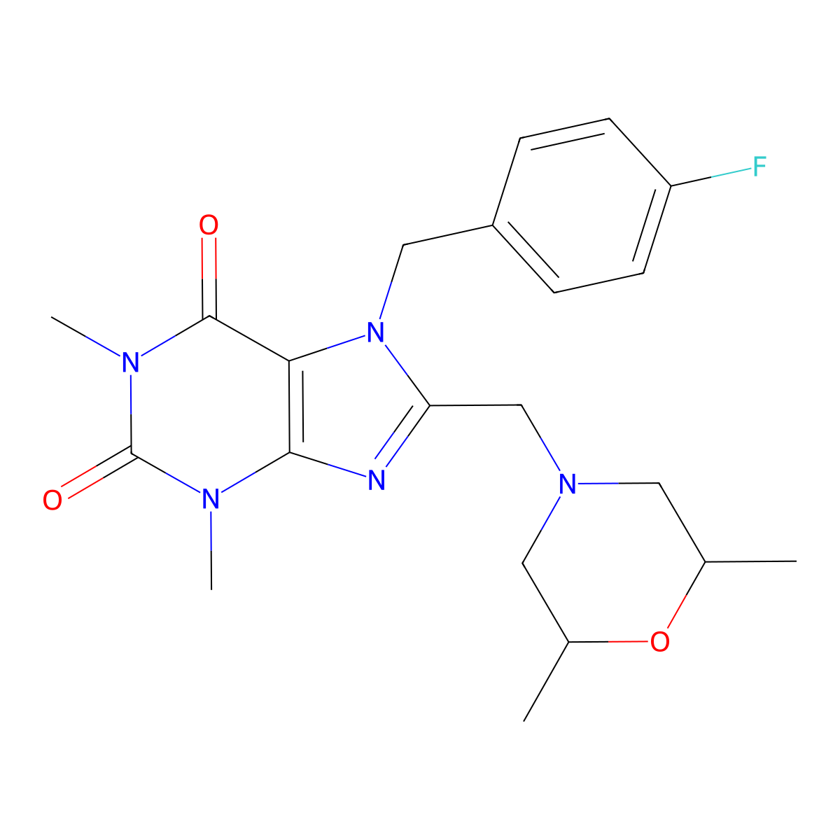 8-[(2,6-dimethylmorpholin-4-yl)methyl]-7-(4-fluorobenzyl)-1,3-dimethyl-3,7-dihydro-1H-purine-2,6-dione molecular structure, CAS 851937-94-5