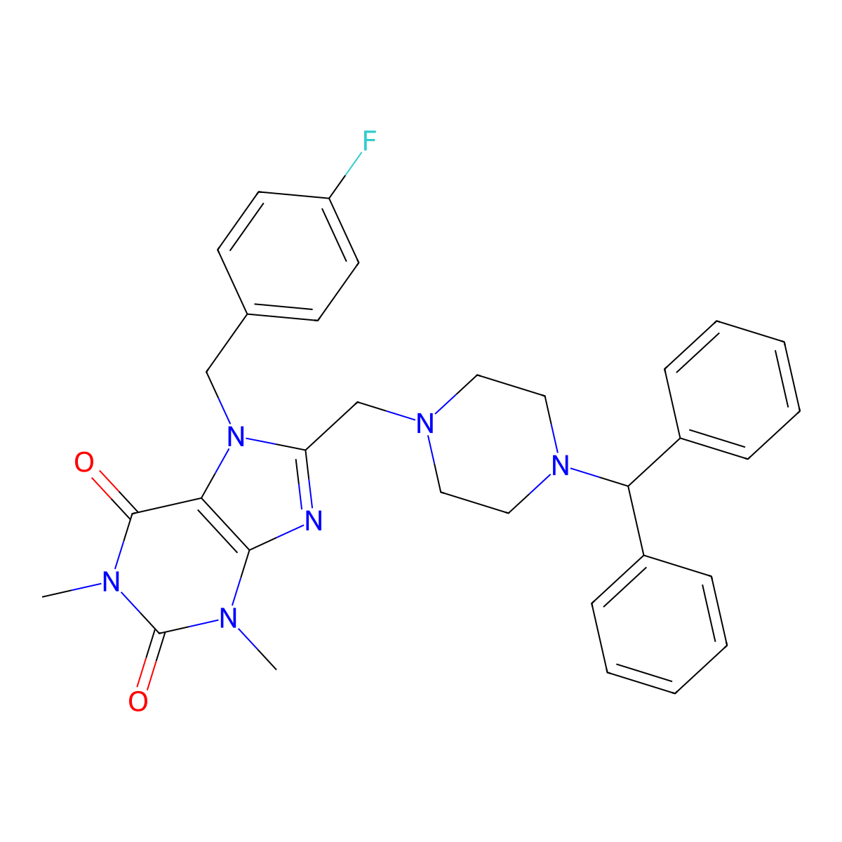 8-[(4-Benzhydrylpiperazin-1-yl)methyl]-7-[(4-fluorophenyl)methyl]-1,3-dimethylpurine-2,6-dione molecular structure, CAS 851938-03-9