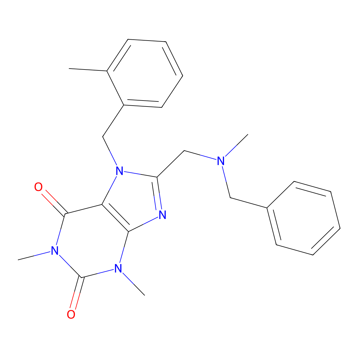 8-((benzyl(methyl)amino)methyl)-1,3-dimethyl-7-(2-methylbenzyl)-3,7-dihydro-1H-purine-2,6-dione molecular structure, CAS 851938-10-8