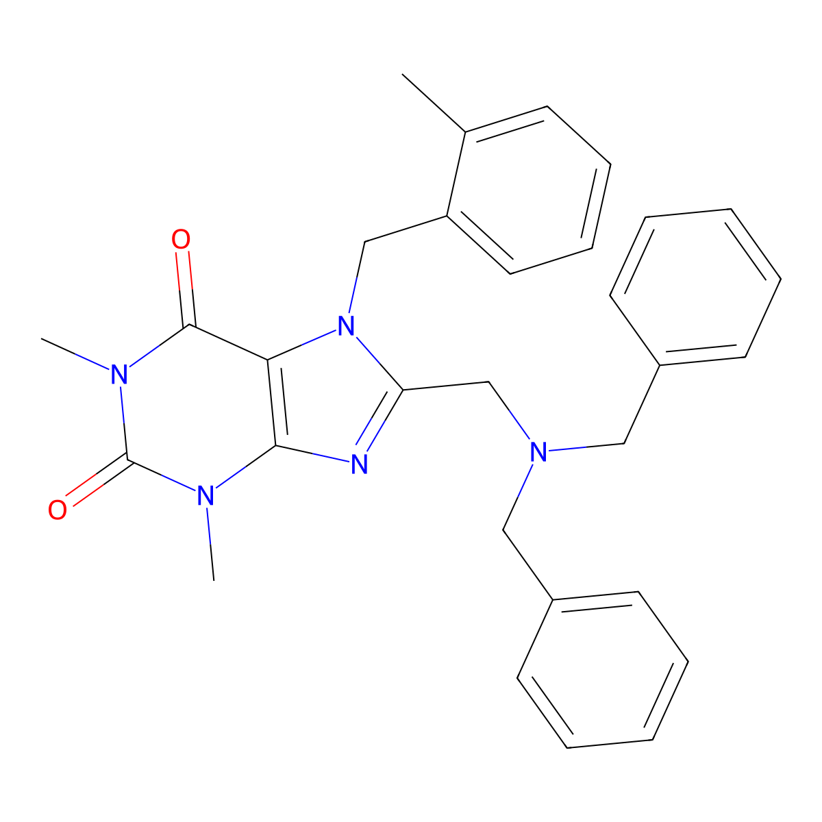 8-[(dibenzylamino)methyl]-1,3-dimethyl-7-[(2-methylphenyl)methyl]-2,3,6,7-tetrahydro-1H-purine-2,6-dione molecular structure, CAS 851938-11-9