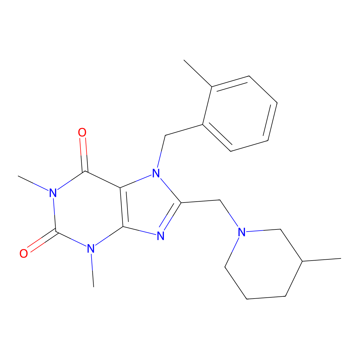 1,3-dimethyl-7-(2-methylbenzyl)-8-((3-methylpiperidin-1-yl)methyl)-3,7-dihydro-1H-purine-2,6-dione molecular structure, CAS 851938-13-1