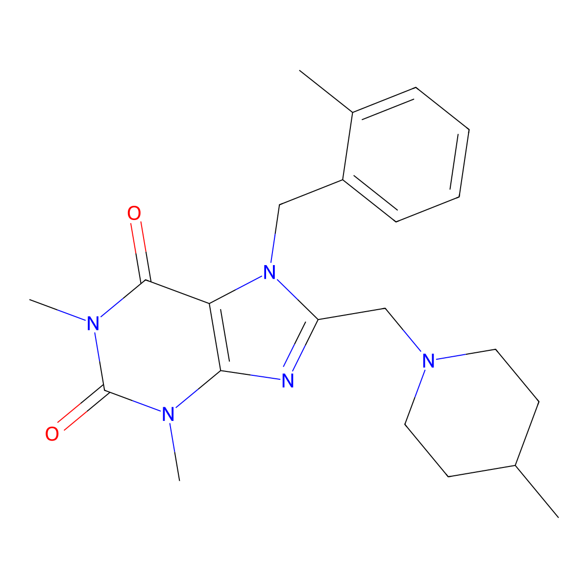 1,3-dimethyl-7-(2-methylbenzyl)-8-((4-methylpiperidin-1-yl)methyl)-3,7-dihydro-1H-purine-2,6-dione molecular structure, CAS 851938-14-2