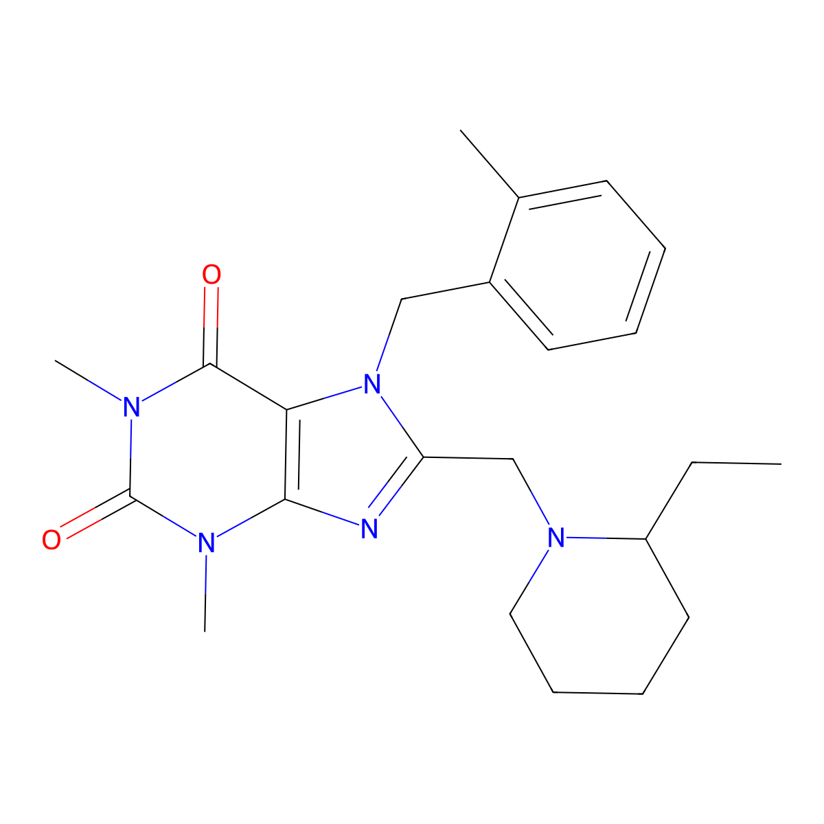 8-[(2-Ethylpiperidin-1-yl)methyl]-1,3-dimethyl-7-[(2-methylphenyl)methyl]purine-2,6-dione molecular structure, CAS 851938-15-3