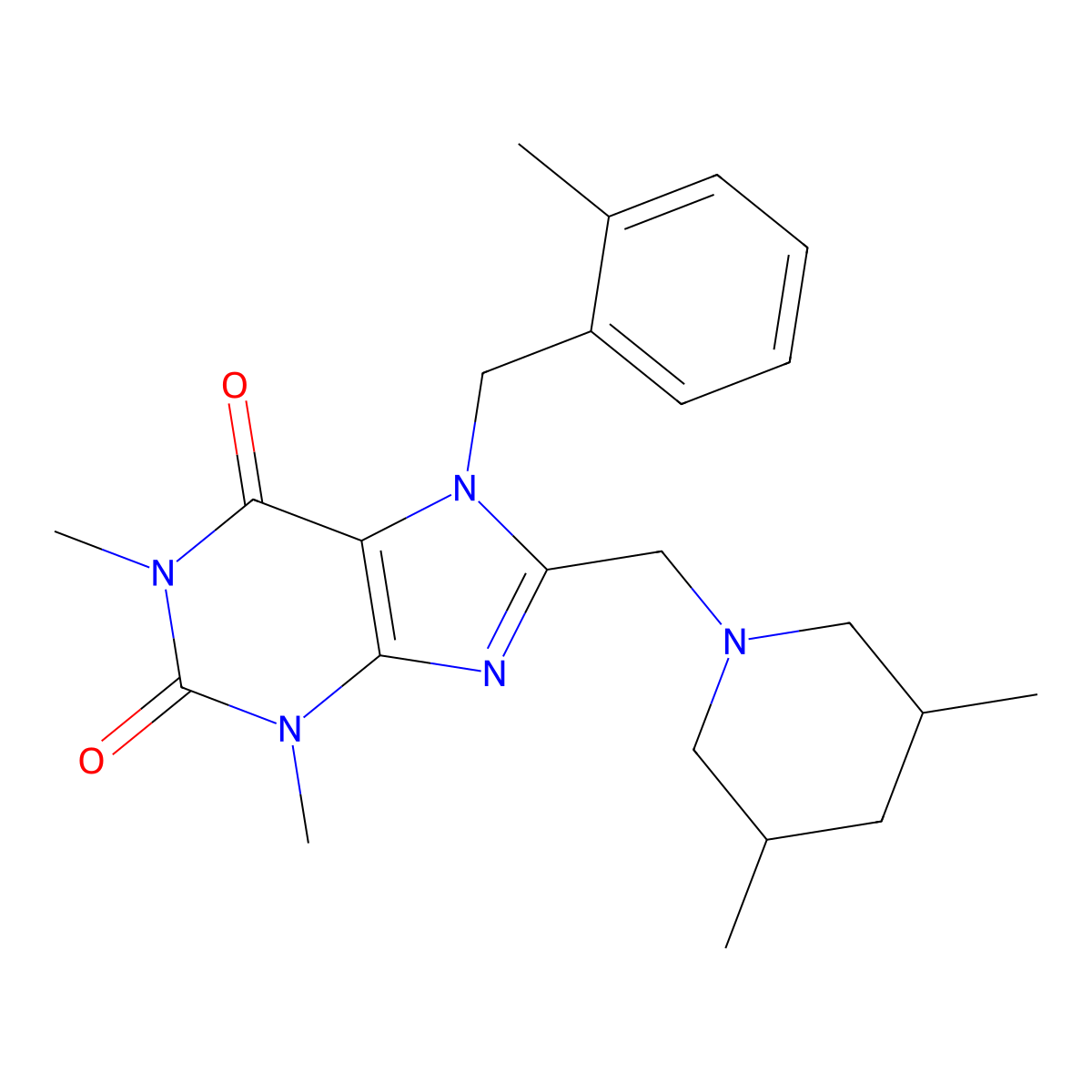 8-((3,5-dimethylpiperidin-1-yl)methyl)-1,3-dimethyl-7-(2-methylbenzyl)-3,7-dihydro-1H-purine-2,6-dione molecular structure, CAS 851938-17-5
