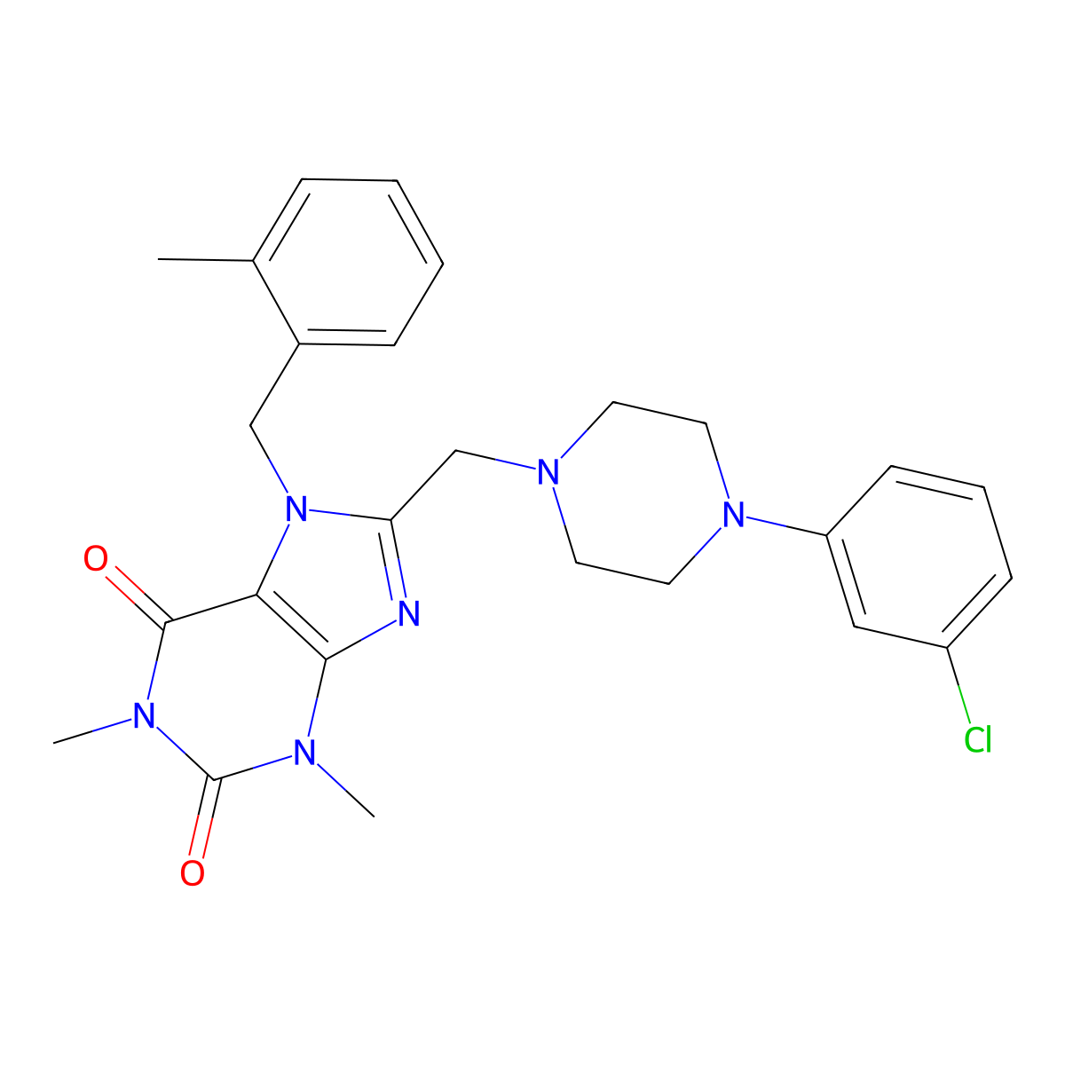 8-[[4-(3-Chlorophenyl)piperazin-1-yl]methyl]-1,3-dimethyl-7-[(2-methylphenyl)methyl]purine-2,6-dione molecular structure, CAS 851938-23-3