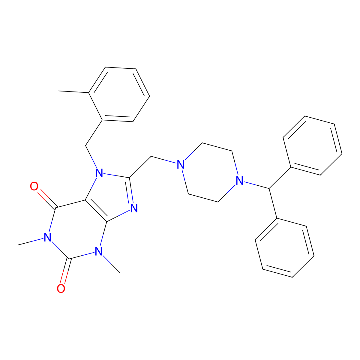 8-{[4-(diphenylmethyl)piperazin-1-yl]methyl}-1,3-dimethyl-7-[(2-methylphenyl)methyl]-2,3,6,7-tetrahydro-1H-purine-2,6-dione molecular structure, CAS 851938-27-7