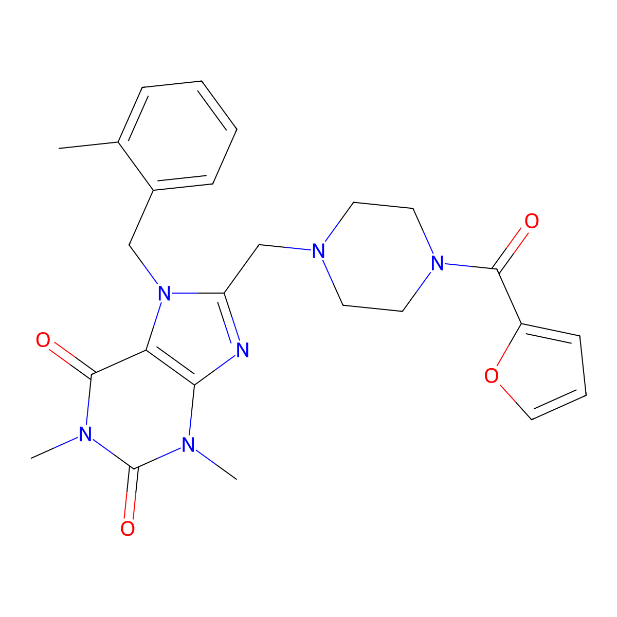 8-[[4-(Furan-2-carbonyl)piperazin-1-yl]methyl]-1,3-dimethyl-7-[(2-methylphenyl)methyl]purine-2,6-dione molecular structure, CAS 851938-28-8