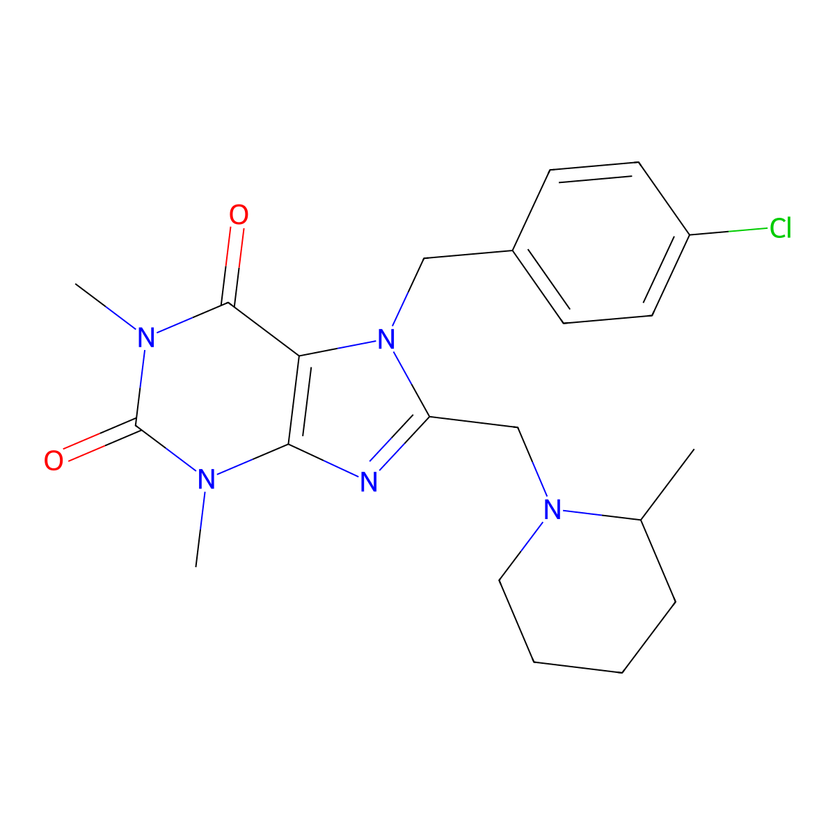 7-(4-chlorobenzyl)-1,3-dimethyl-8-[(2-methylpiperidin-1-yl)methyl]-3,7-dihydro-1H-purine-2,6-dione molecular structure, CAS 851938-30-2