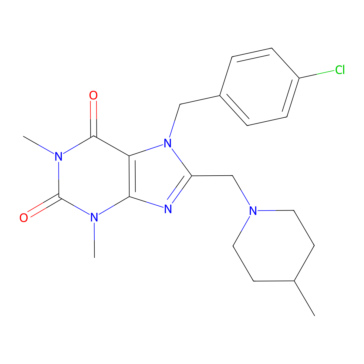 7-(4-chlorobenzyl)-1,3-dimethyl-8-[(4-methylpiperidin-1-yl)methyl]-3,7-dihydro-1H-purine-2,6-dione molecular structure, CAS 851938-32-4