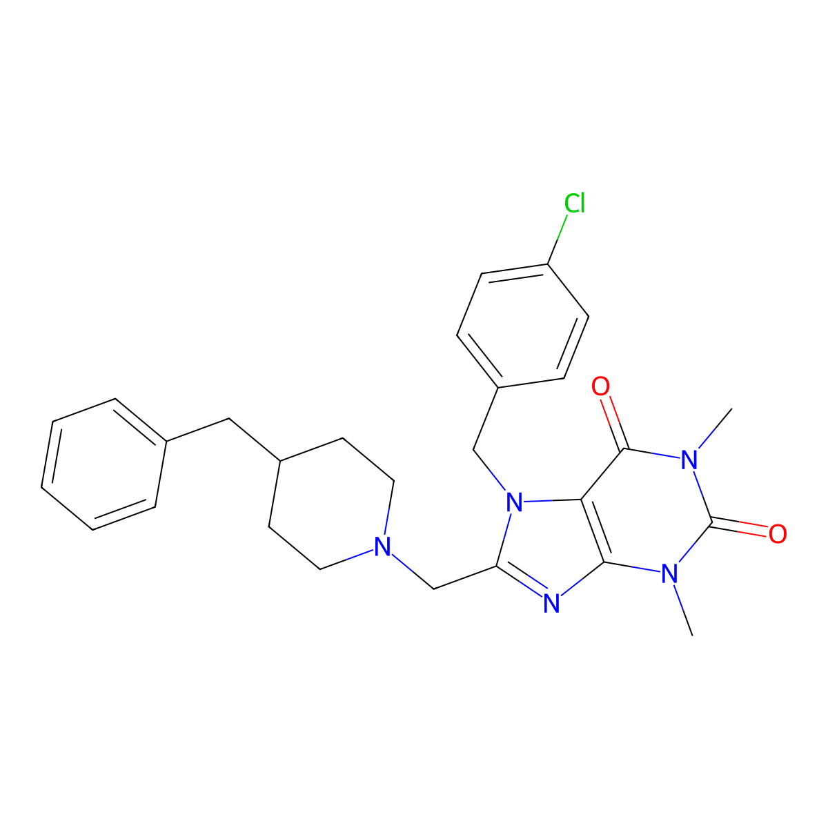 8-[(4-Benzylpiperidin-1-yl)methyl]-7-[(4-chlorophenyl)methyl]-1,3-dimethylpurine-2,6-dione molecular structure, CAS 851938-34-6