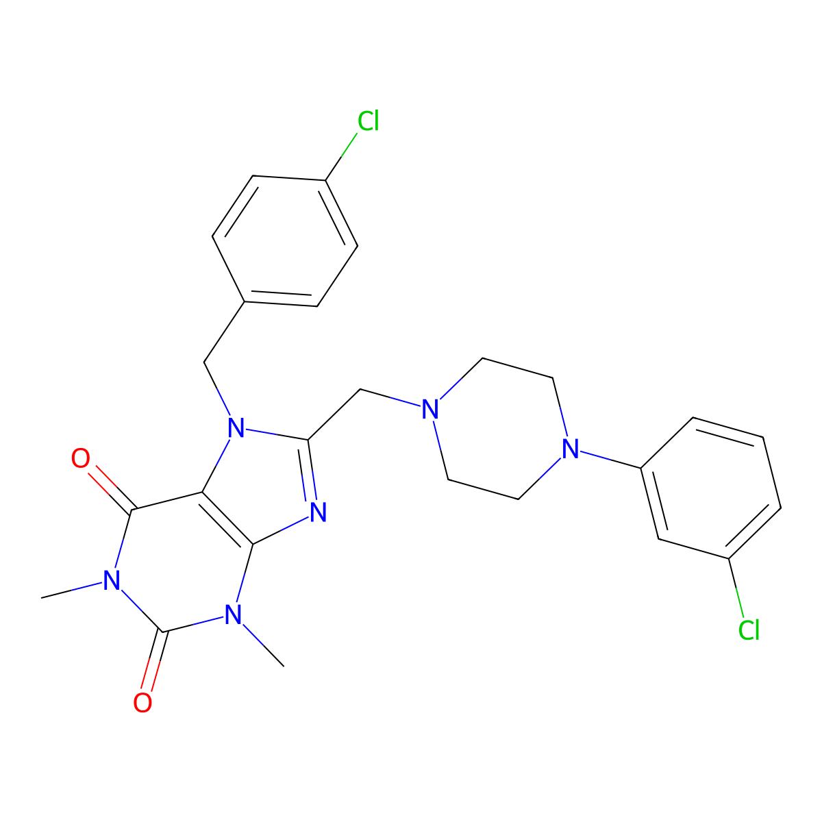 7-[(4-Chlorophenyl)methyl]-8-[[4-(3-chlorophenyl)piperazin-1-yl]methyl]-1,3-dimethylpurine-2,6-dione molecular structure, CAS 851938-40-4