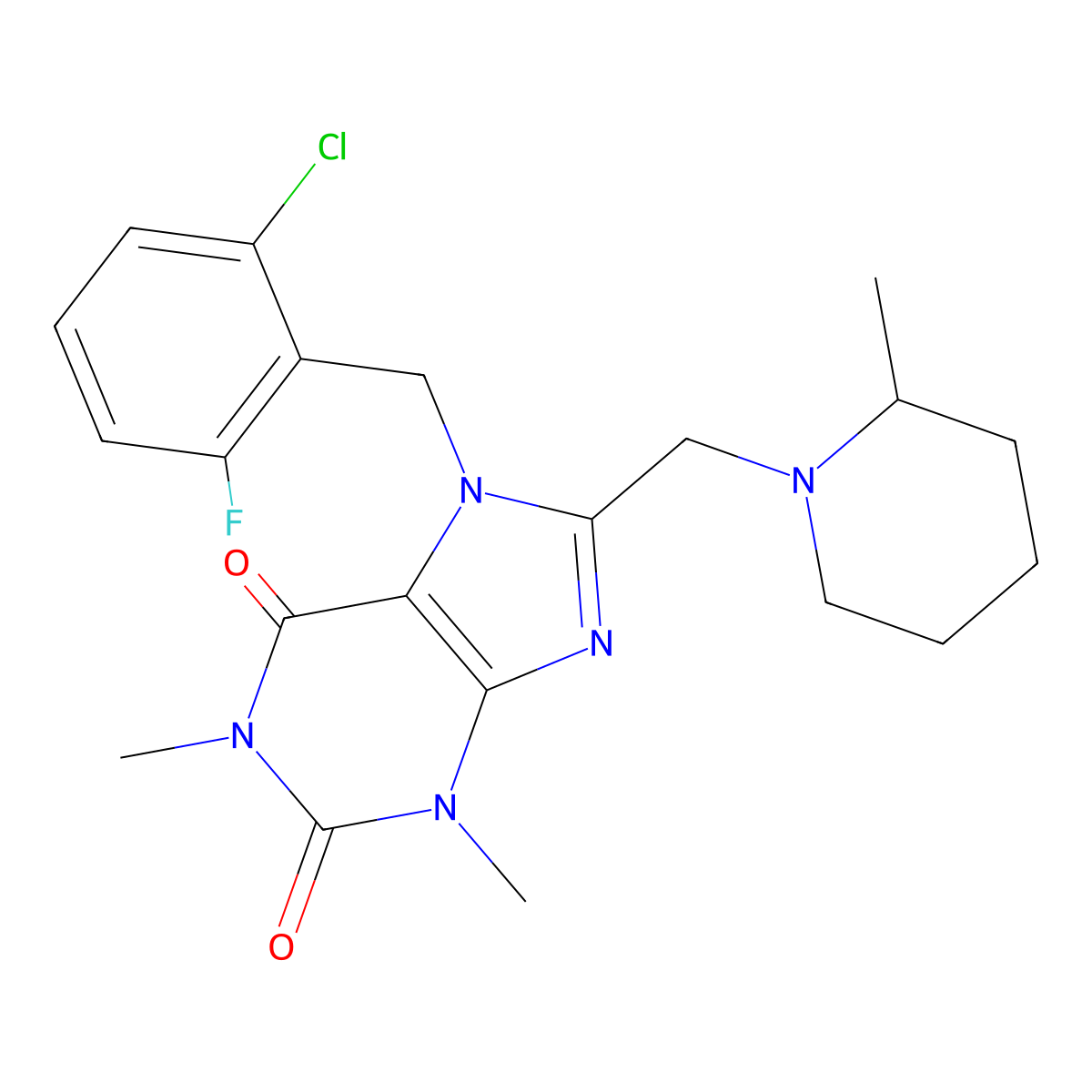 7-(2-chloro-6-fluorobenzyl)-1,3-dimethyl-8-[(2-methylpiperidin-1-yl)methyl]-3,7-dihydro-1H-purine-2,6-dione molecular structure, CAS 851938-48-2