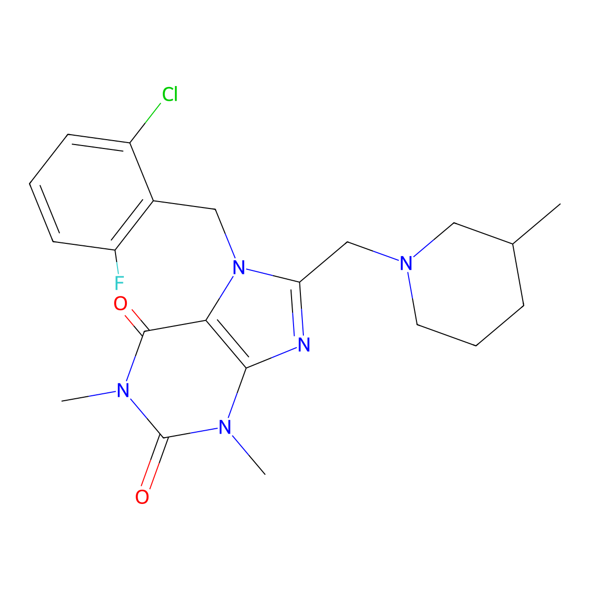 7-[(2-Chloro-6-fluorophenyl)methyl]-1,3-dimethyl-8-[(3-methyl-1-piperidinyl)methyl]purine-2,6-dione molecular structure, CAS 851938-49-3