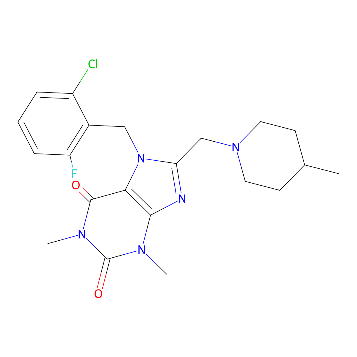 7-(2-chloro-6-fluorobenzyl)-1,3-dimethyl-8-[(4-methylpiperidin-1-yl)methyl]-3,7-dihydro-1H-purine-2,6-dione molecular structure, CAS 851938-50-6