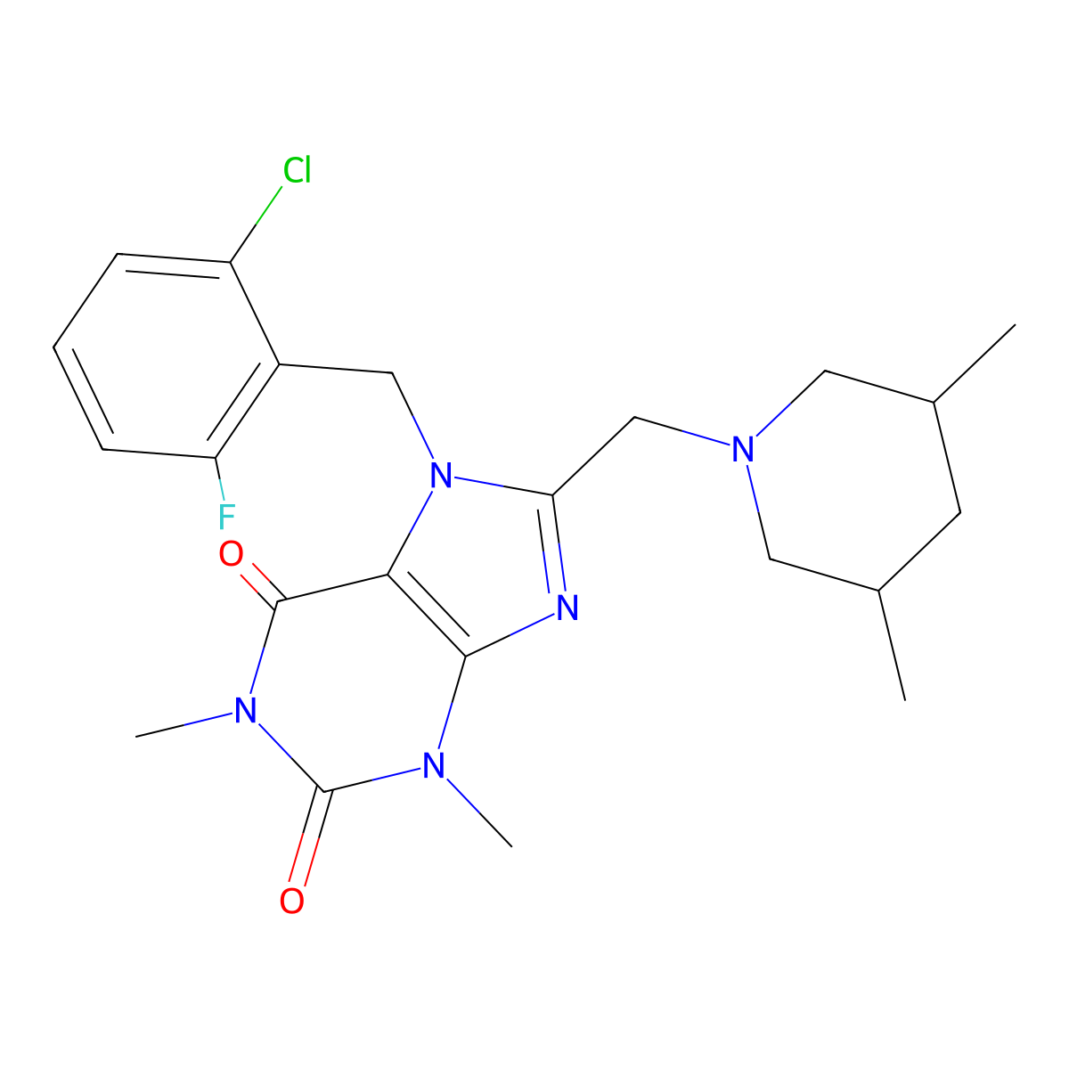 7-[(2-Chloro-6-fluorophenyl)methyl]-8-[(3,5-dimethylpiperidin-1-yl)methyl]-1,3-dimethylpurine-2,6-dione molecular structure, CAS 851938-53-9