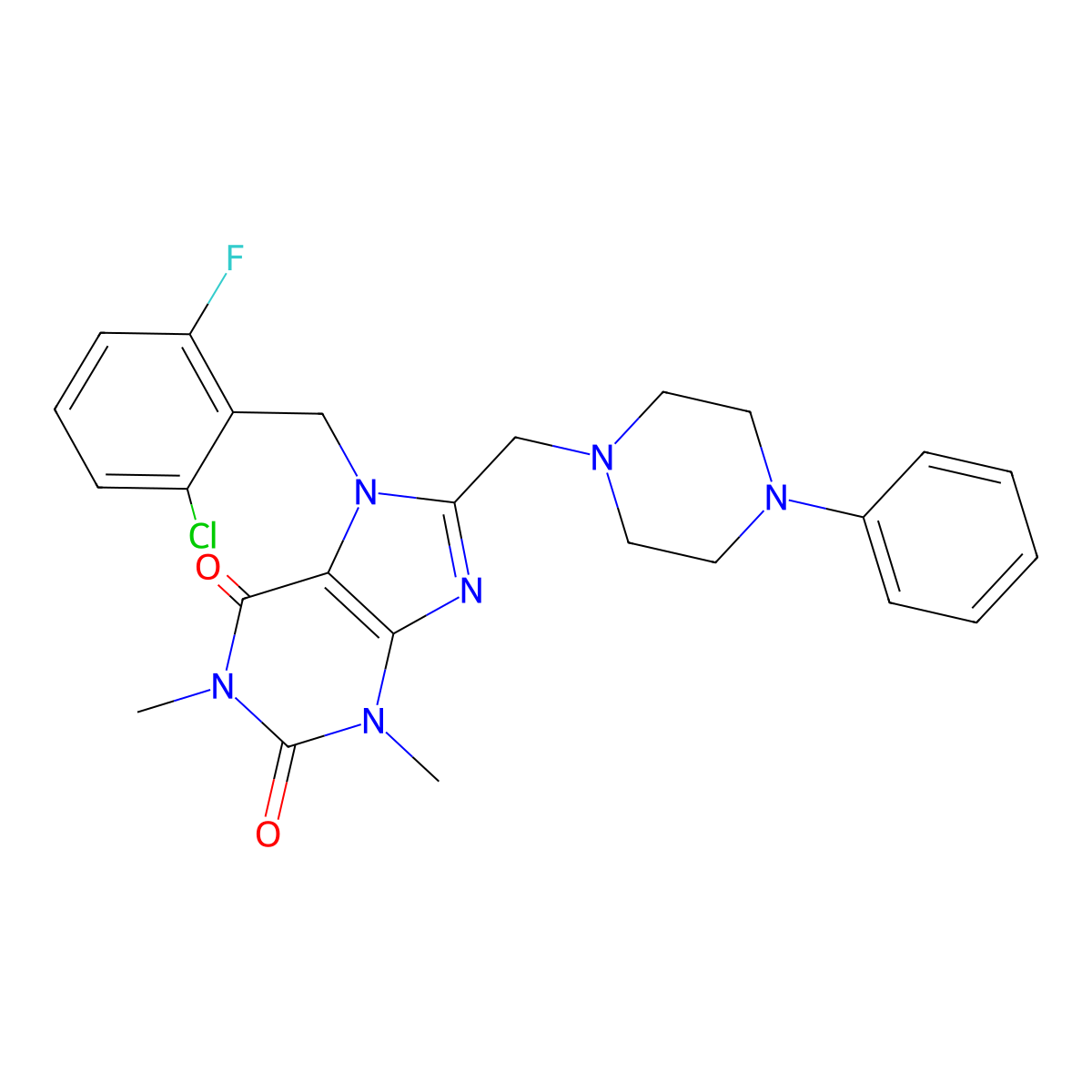 7-[(2-Chloro-6-fluorophenyl)methyl]-1,3-dimethyl-8-[(4-phenylpiperazin-1-yl)methyl]purine-2,6-dione molecular structure, CAS 851938-54-0