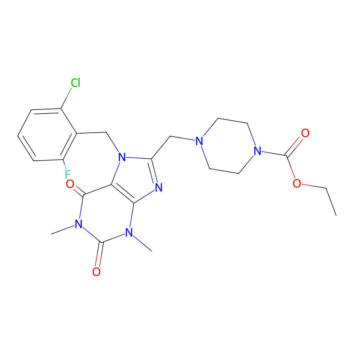 Ethyl 4-[[7-[(2-chloro-6-fluorophenyl)methyl]-1,3-dimethyl-2,6-dioxopurin-8-yl]methyl]piperazine-1-carboxylate molecular structure, CAS 851938-56-2