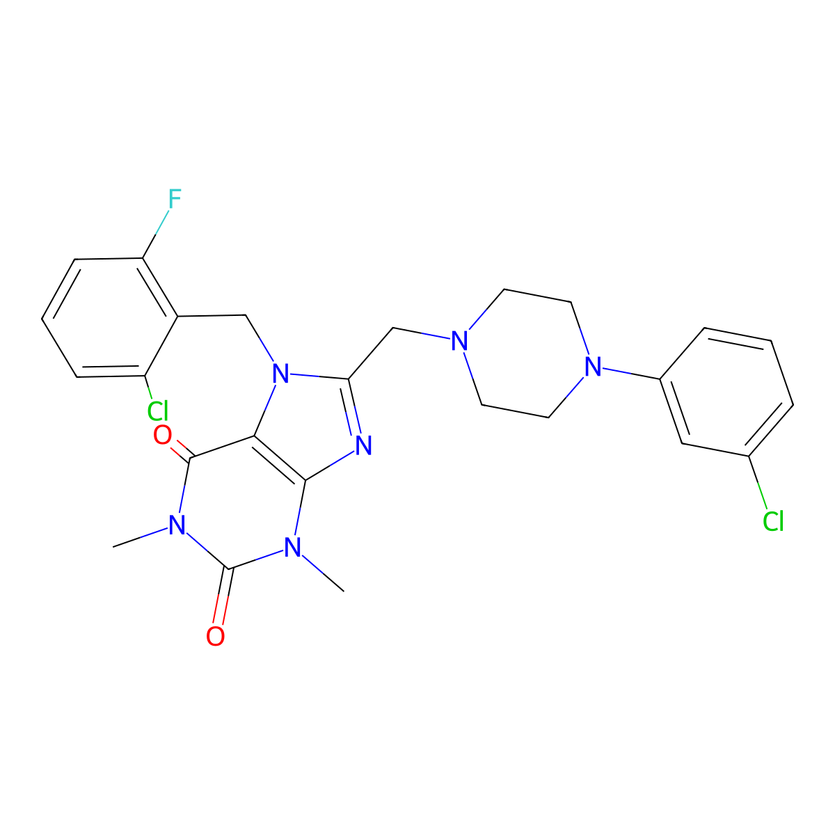 7-[(2-Chloro-6-fluorophenyl)methyl]-8-[[4-(3-chlorophenyl)piperazin-1-yl]methyl]-1,3-dimethylpurine-2,6-dione molecular structure, CAS 851938-57-3