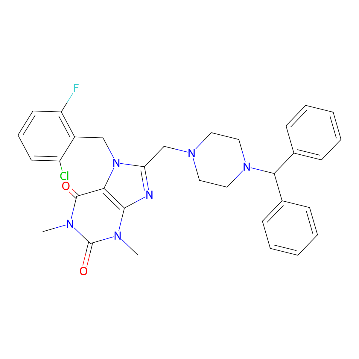 8-[(4-Benzhydrylpiperazin-1-yl)methyl]-7-[(2-chloro-6-fluorophenyl)methyl]-1,3-dimethylpurine-2,6-dione molecular structure, CAS 851938-65-3